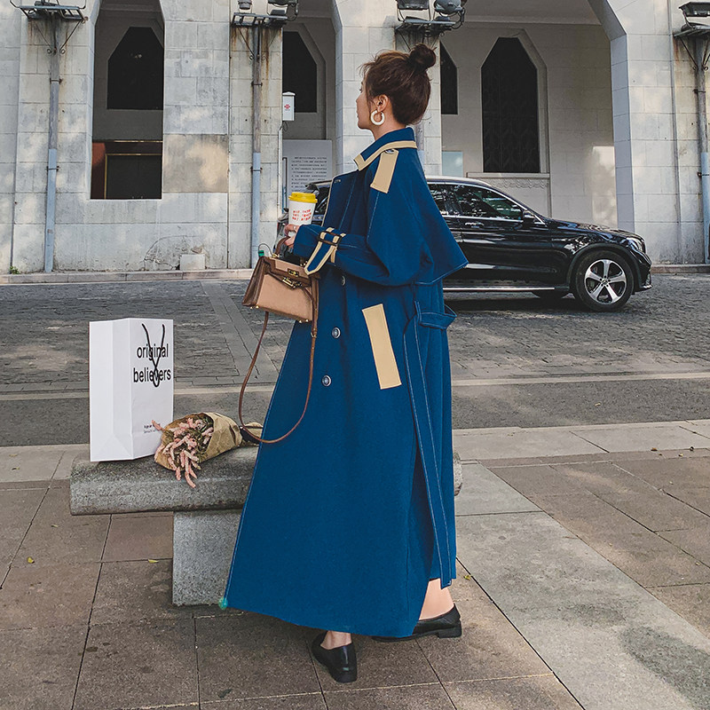 蓝色轻熟风撞色风衣外套女春秋2025新款法式气质复古时尚长款大衣,女装风衣,浙宝217