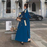 蓝色轻熟风撞色风衣外套女春秋2025新款法式气质复古时尚长款大衣，女装风衣，浙宝217