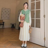 绿色格子马甲连衣裙女秋季2025新款法式休闲设计感长袖裙子两件套，女装套装/套裙，浙宝217