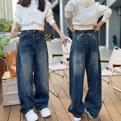 大码加绒牛仔裤女秋冬季2025新款美式直筒阔腿裤胖mm显瘦弯刀裤子