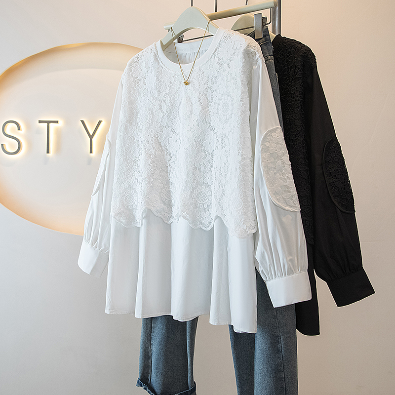 法式高级感蕾丝提花上衣女秋冬大码胖妹妹温柔气质显瘦宽松打底衫