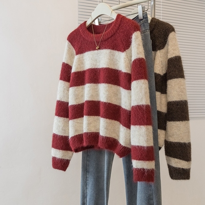 大码红色条纹插肩袖正肩毛衣女2025秋季新款胖mm马海毛针织衫上衣