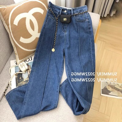 直筒设计感高腰牛仔裤女显瘦