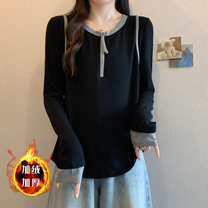 大码半开领加绒打底衫女秋冬加厚胖mm显瘦宽松设计感撞色内搭上衣