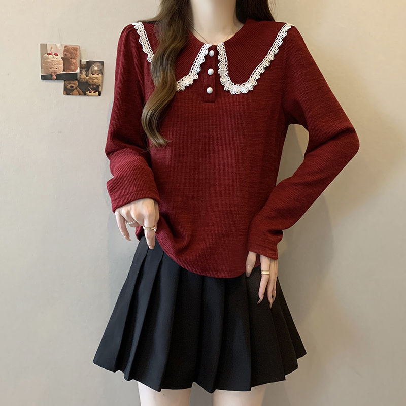 蕾丝娃娃领长袖针织衫女春秋2025大码微胖mm短款打底上衣漂亮小衫