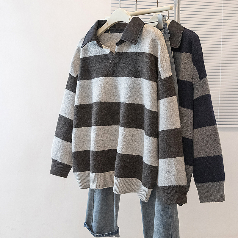 韩版撞色Polo领条纹针织衫女秋冬大码胖妹妹慵懒时尚百搭套头毛衣