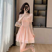 粉色方领雪纺连衣裙女夏装 裙子 收腰显瘦初恋甜美温柔小个子泡泡袖