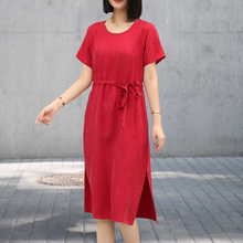 2025新款重磅真铜氨丝连衣裙女夏季绑带宽松圆领百搭薄款短袖裙子