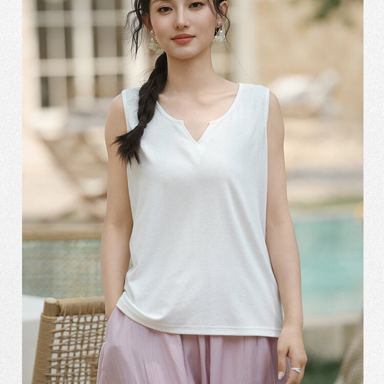 天丝亚麻夏季无袖V领背心女