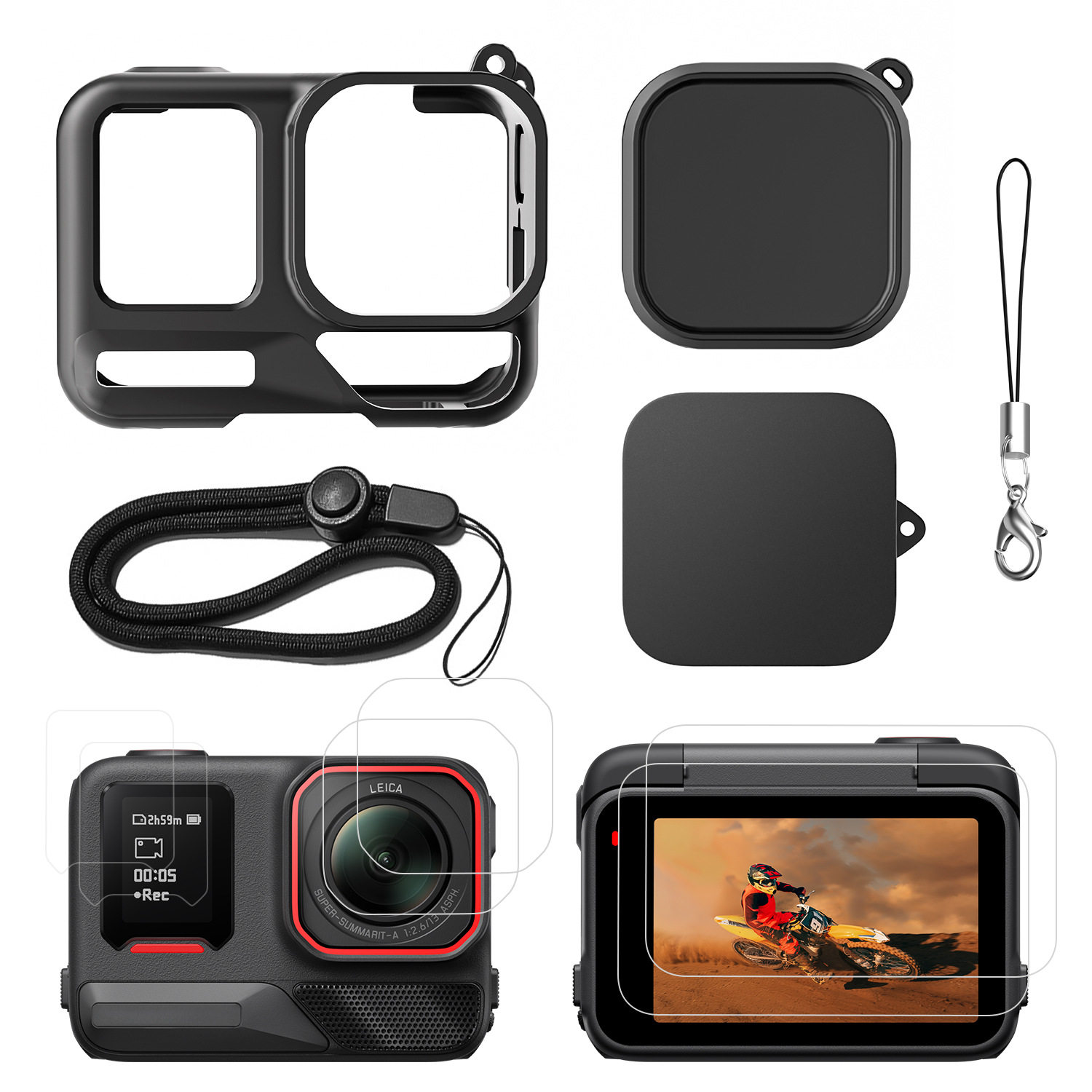 影石insta360 AcePro2硅胶保护套钢化膜镜头盖贴膜收纳包防丢绳