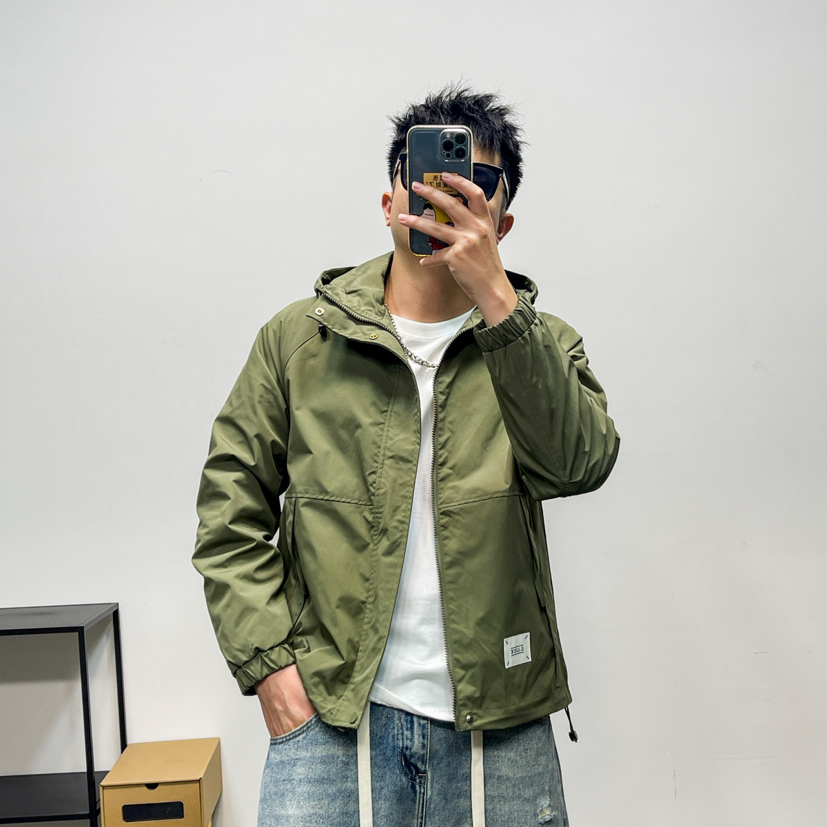 美式工装连帽夹克男士春秋韩版宽松冲锋衣潮牌潮流休闲运动外套