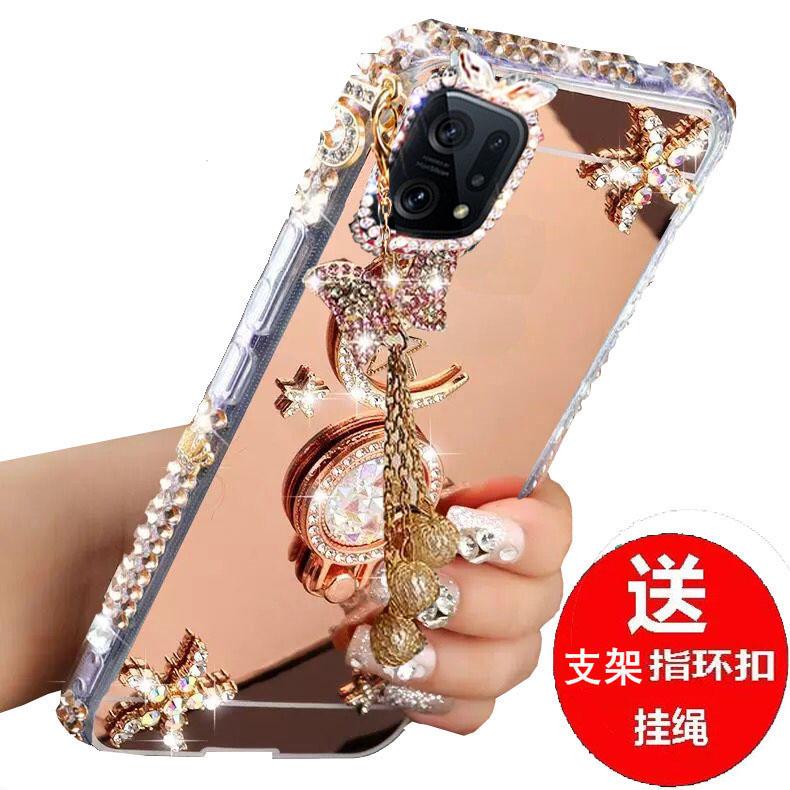 适用于OPPOFindx5手机壳oppofindx5pro曲屏保护套FINDX5网红女款镶钻PFFM10镜面PFEM10防摔软硅胶5G化妆镜