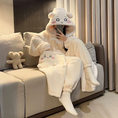 chiikawa睡衣女秋冬季可爱乌萨奇吉伊小八套装家居服男睡袍珊瑚绒