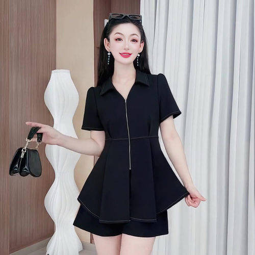 3328夏季显瘦设计感上衣V领大码女装收腰衬衫洋气减龄套装两件套