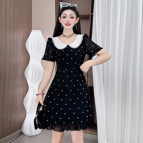 3866夏季新款大码法式娃娃领收腰显瘦气质连衣裙女款衣服2026裙子