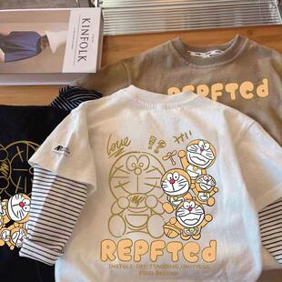 新款纯棉打底衫假两件长袖T恤儿童春秋季男童中小童宝宝休闲上衣