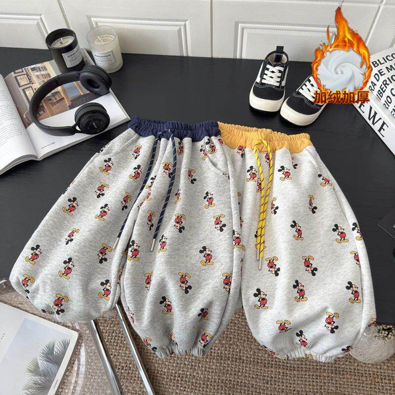 儿童加绒加厚卡通米奇满印卫裤男女童秋冬季新款韩版休闲宝宝裤子