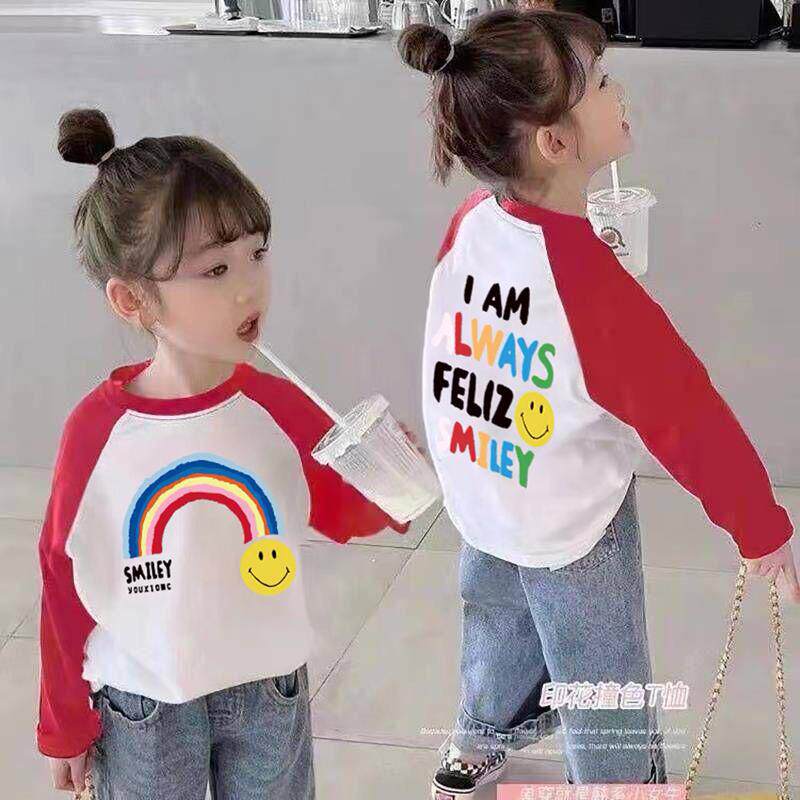 女童纯棉长袖T恤春秋新款韩版打底衫儿童女宝宝撞色洋气彩虹字母t