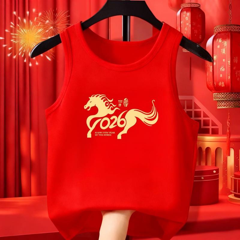 儿童纯棉背心新款马年本命年红色上衣男女童新年内穿上衣宝宝过年