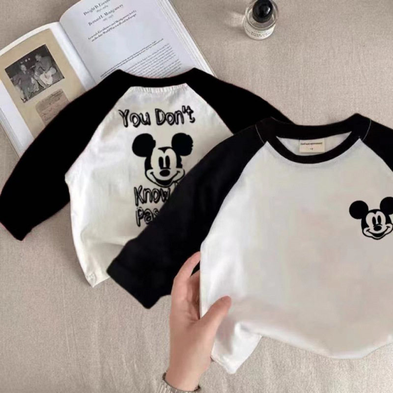 儿童卡通T恤纯棉打底衫春秋新款男女宝宝长袖拼色童装洋气上衣潮