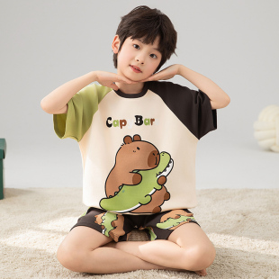 男童睡衣夏季纯棉短袖2026新款儿童薄款卡皮巴拉中大童男孩初中生