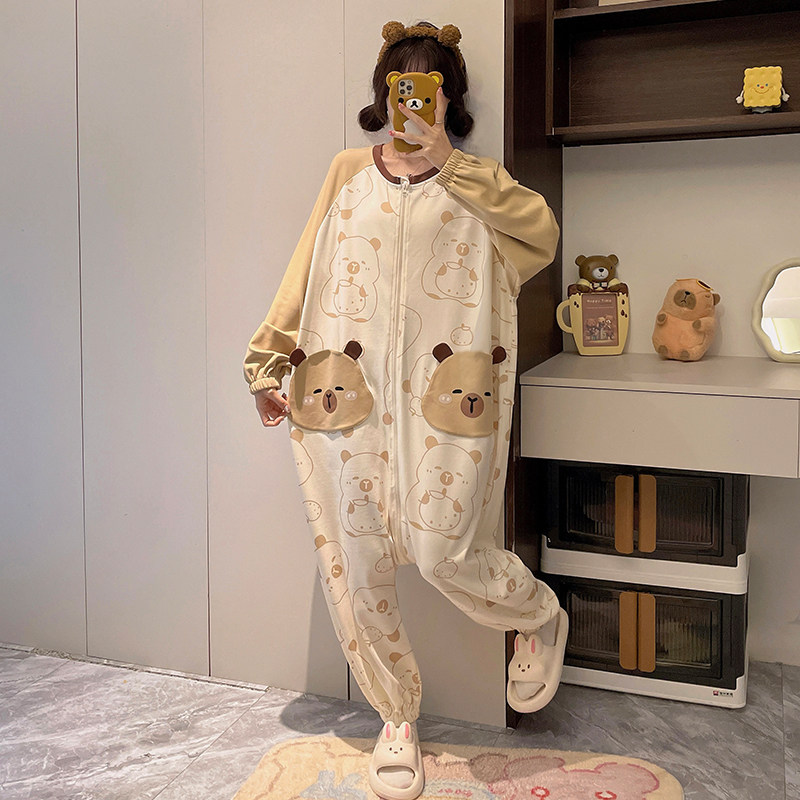 女款纯棉长袖薄款春秋季连体睡衣女孩高中学生可爱休闲家居服秋季