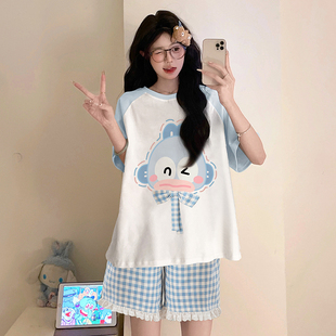 短袖 女款 睡衣夏季 短裤 空调服 2025夏天休闲新款 少女中学生可爱薄款