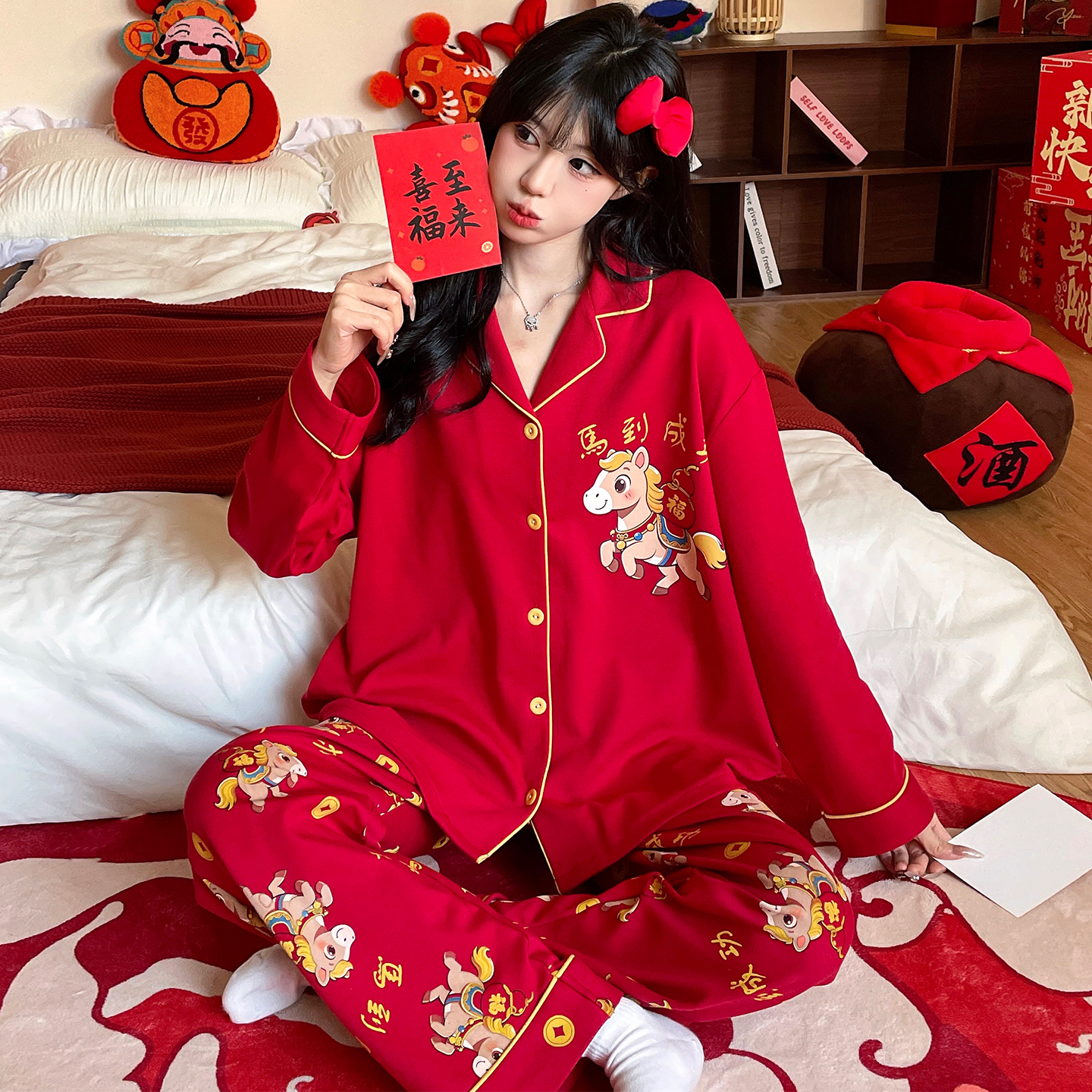 马年睡衣女孩春秋季红色纯棉长袖