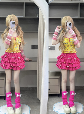 RichGirl少女小众玫红色南瓜蓬蓬裙木耳花边显瘦百搭甜美蛋糕短裙