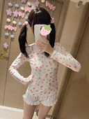 日系软妹甜点猫满印mp上衣甜美可爱短长袖 蕾丝花边拼接T恤