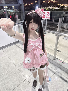 RichGirl少女草莓小猫软妹萌可爱挂脖系带小猫印花波点吊带女儿服