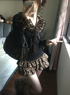 现货美式复古纯欲辣妹显瘦雪纺裙蛋糕裙蓬蓬裙豹纹短裙蕾丝半身裙