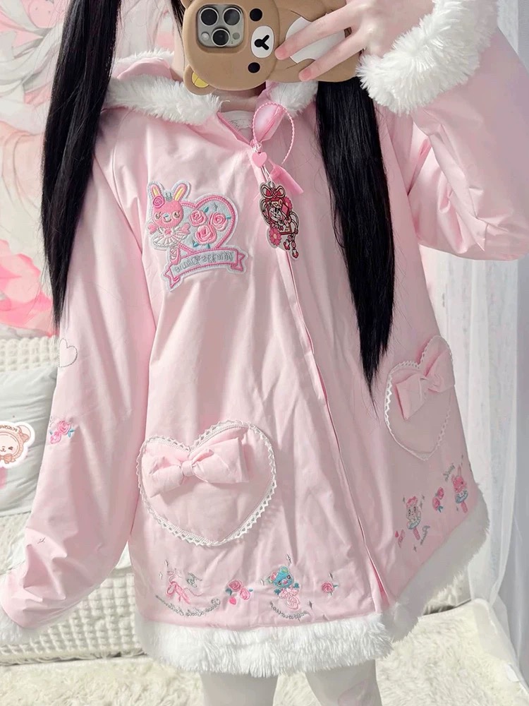 RichGirl少女日系mp刺绣外套女秋冬加绒加厚保暖棉服连帽上衣