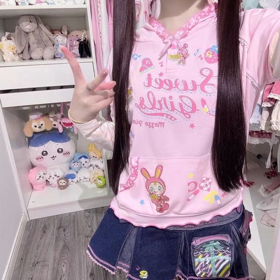 日系原宿甜妹粉卫衣少女感卡通印花花边帽衫y2k千禧辣妹软妹上衣
