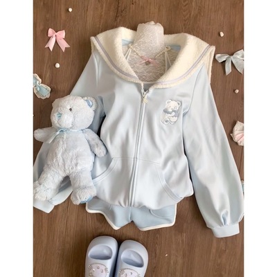 日系学院风海军领羊羔绒小熊浅蓝色开衫卫衣女可爱甜妹多巴胺外套