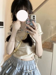 套装 a字蛋糕蓬蓬半身短裙时尚 Girl少女甜美奶乖爱心碎花短袖 Rich