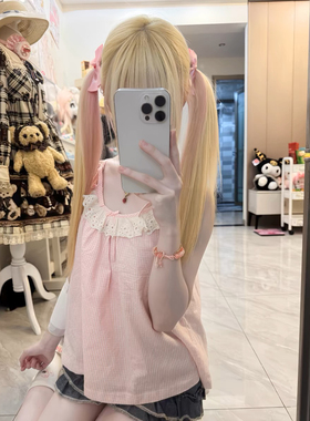 RichGirl少女日系甜美可爱女儿服粉色格子吊带小背心夏季软妹花边