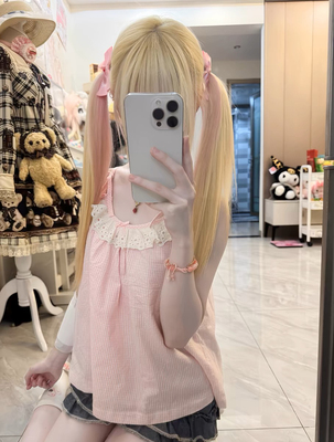 RichGirl少女日系甜美可爱女儿服粉色格子吊带小背心夏季软妹花边