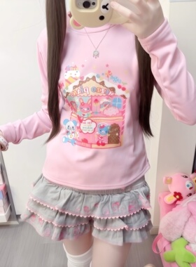 RichGirl日系秋冬软妹可爱清新粉色mp印花显瘦长袖T恤可爱卡通