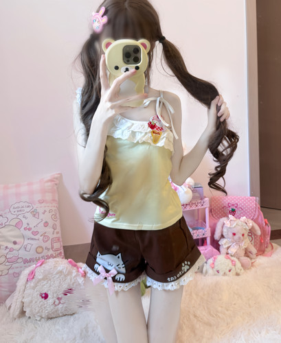 RichGirl少女原创自制冰淇淋可爱甜筒吊带+棕色小猫短裤两件套