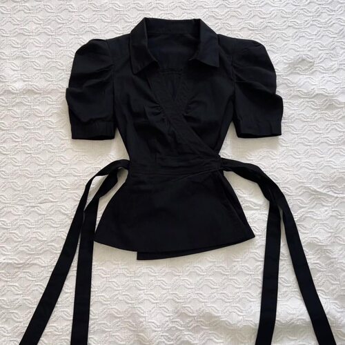 法式复古vintage黑色泡泡袖短袖v领翻领交叉收腰衬衫可盐可甜上衣