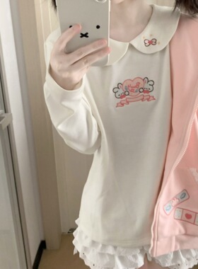 RichGirl日系可爱百搭日常娃娃领打底新款长袖打底衫卡通刺绣上衣