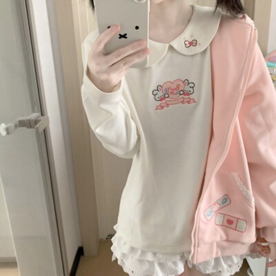 RichGirl日系可爱百搭日常娃娃领打底新款长袖打底衫卡通刺绣上衣