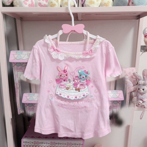 RichGirl日系mp印花童趣少软妹印花粉可爱甜美蕾丝短袖打底上衣