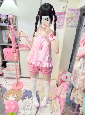 RichGirl少女可爱爱心兔兔格子吊带+刺绣mp短裤两件套