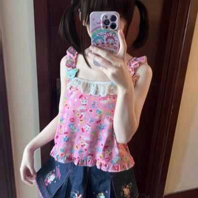 Y2K甜美钢琴兔子印花可爱吊带女儿服小个子夏季上衣无袖背心软妹