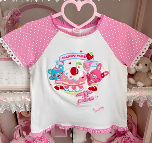 RichGirl少女复刻女儿服可爱甜美印花蕾丝软妹兔兔草莓百搭短袖