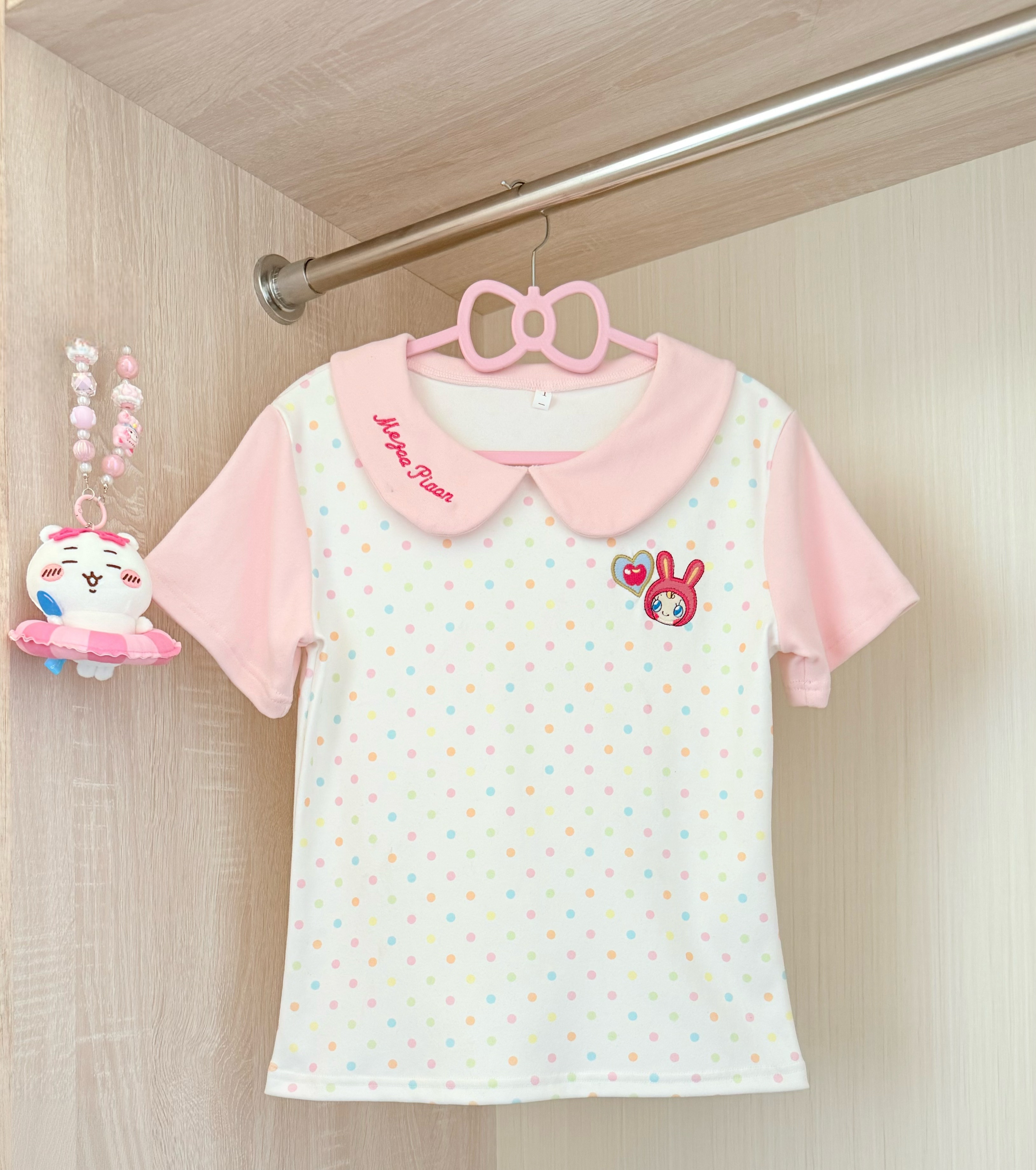 甜美粉色娃娃领波点短袖T恤女 日系可爱卡通兔子刺绣撞色插肩袖