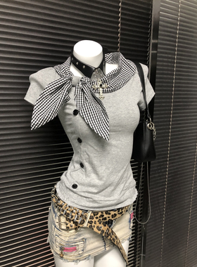 RichGirl美式复古着不规则短袖T恤千禧亚文化古早格子海军领上衣