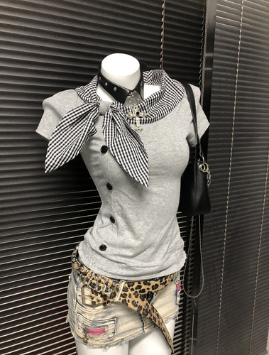 RichGirl美式复古着不规则短袖T恤千禧亚文化古早格子海军领上衣